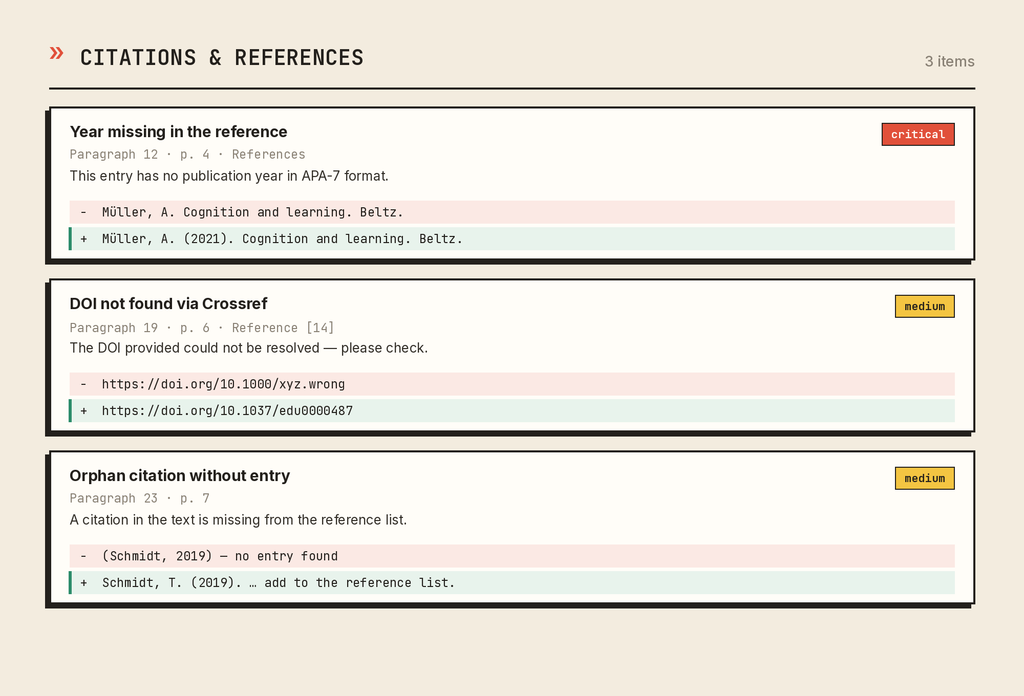 Preview of the report with finding cards, locations and before/after fixes