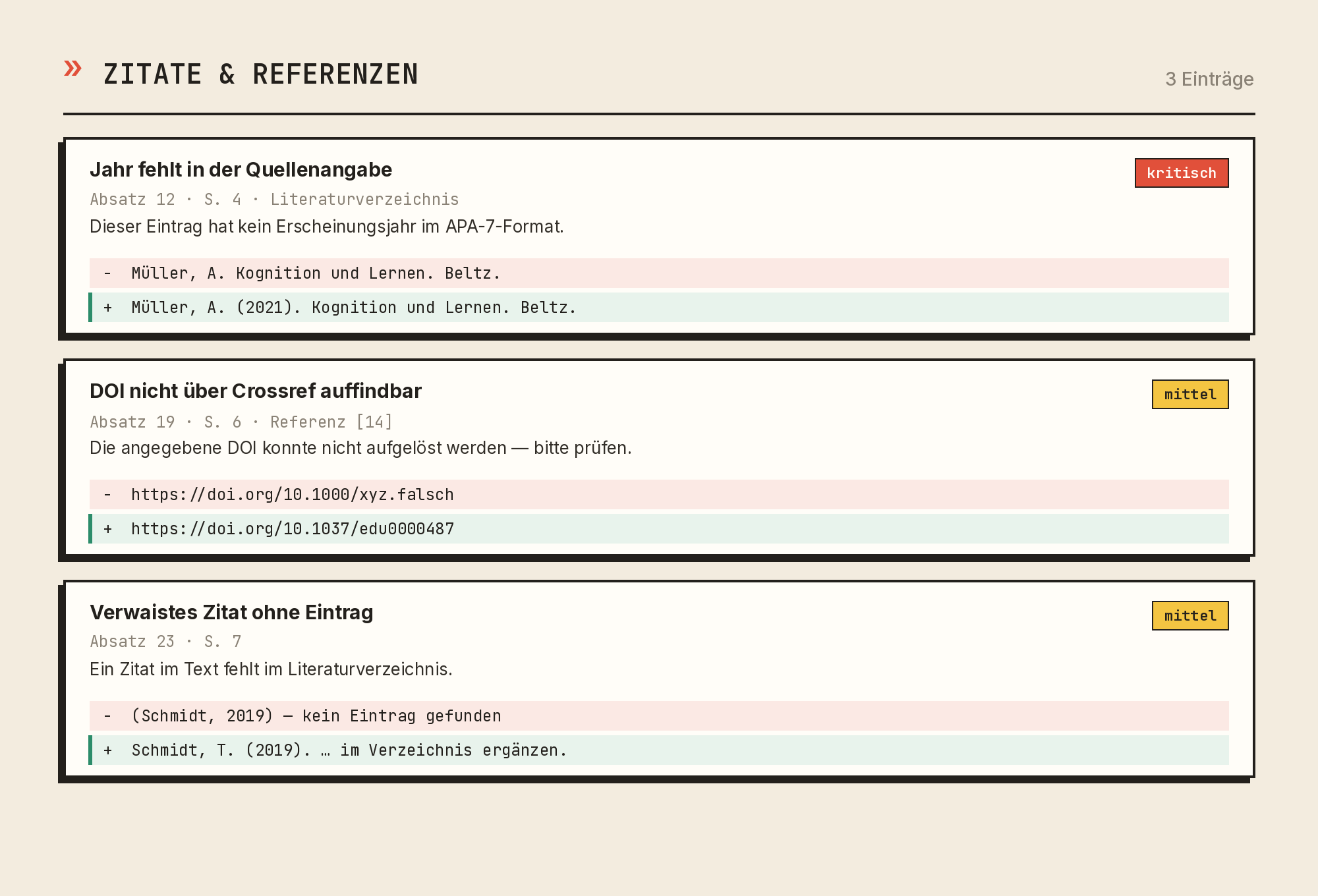 Vorschau des Reports mit Befund-Karten, Fundstelle und Vorher/Nachher-Korrektur